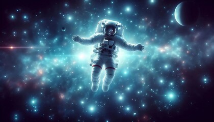 Naklejka premium A lone astronaut drifts weightlessly through the vast expanse of space, illuminated by shimmering stars and distant cosmic light. A mesmerizing depiction of space exploration and human curiosity beyon
