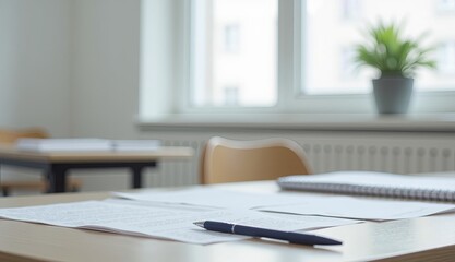 Empty classroom desk with papers and a pen, perfect for educational blogs, academic resources, study tips, or promotional materials for schools and tutoring services.

