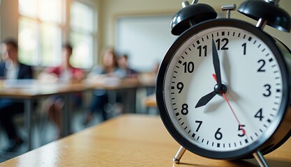 Clock on a desk in a classroom, perfect for educational blogs, time management resources, school websites, or promotional materials for academic programs and study techniques.

