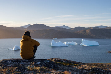 View of montains and icebergs from Uunartoq island (South Greenland)