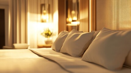 Fototapeta premium An expensive hotel room with soft pillows and warm lighting