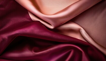 Fototapeta premium Luxurious Satin Fabric with Rich Gradient from Soft Blush Pink to Deep Burgundy, Featuring Smooth Draped Folds and Shimmering Texture. Perfect for Fashion, Interior Design High-End Product Photography