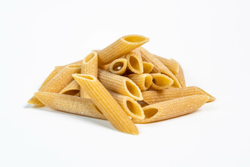 Uncooked Penne Pasta on a White Background