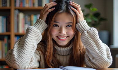 Smiling student studying in a cozy library, perfect for educational blogs, tutoring services, academic resources, or promotional materials for study programs and student success guides.


