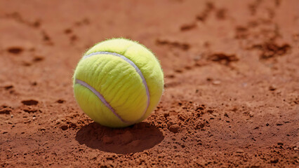 Close-up of a yellow tennis ball in mid-air, flying over a red clay court surface. Ai generative