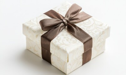 Obraz premium Elegant gift box with brown ribbon isolate on white background.