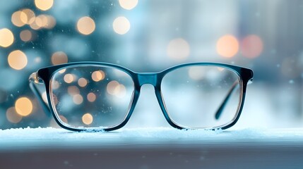 Enchanting Winter Wonderland Snow-Covered City Through Glasses with Festive Lights - Cozy Urban Glow in a Magical Holiday Scene