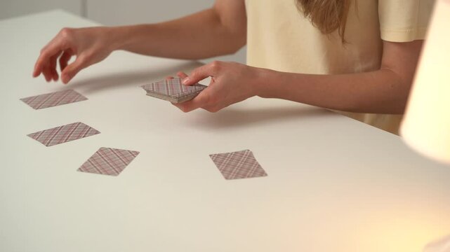 A young woman in a yellow t-shirt deals classic cards from a deck to players for a table game. The concept of board card games, having fun, entertainment, poker, solitaire
