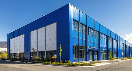 Obraz premium Modern Blue Commercial Building With Large Windows and White Doors