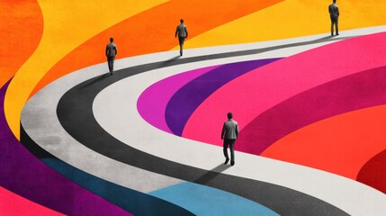 Four individuals walk along a vibrant, winding path of colorful stripes, AI