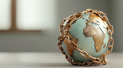 A globe with heavy chains wrapping around it, held down by Sanctions and Tariffs, global economic constraint, international restrictions