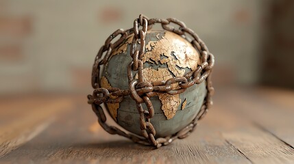 Naklejka premium A globe with heavy chains wrapping around it, held down by Sanctions and Tariffs, global economic constraint, international restrictions