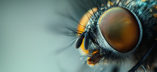 Extreme macro close-up of a fly's compound eye, revealing intricate detail and texture, ideal for biological, scientific, or nature-focused visuals, showcasing the complexity of insect anatomy