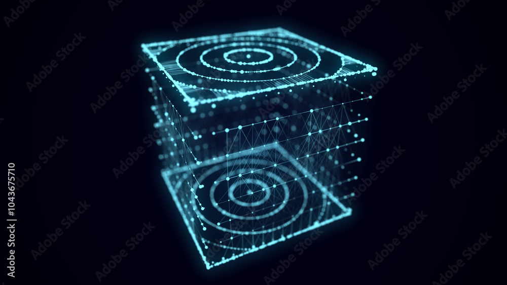 Fototapete Abstract blue cube with connecting dots and lines. Big data visualization. Blockchain technology concept. Wireframe network connection structure with circle. 3d rendering.