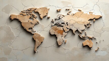 A map of the world with cracks forming between countries, symbolizing broken trade relations, divided trade routes, global conflict