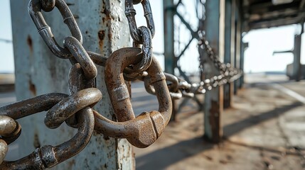 A shipping dock locked down by heavy chains and padlocks, shipping freeze, trade blockade visual
