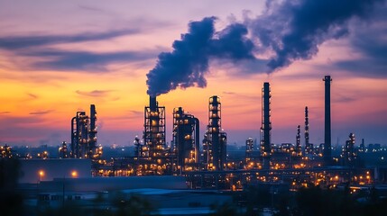 Fototapeta premium A large industrial plant with tall smokestacks emitting smoke into the sky against a colorful sunset.
