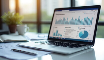 Laptop displaying financial charts and data analysis, perfect for business presentations, financial blogs, market analysis reports, or promotional materials for financial services and consulting.

