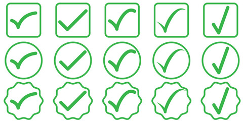 Obraz premium Green check mark icon. Check mark vector icon. Checkmark Illustration. Vector symbols set ,green checkmark isolated on white background. Correct vote choose isolated symbol.