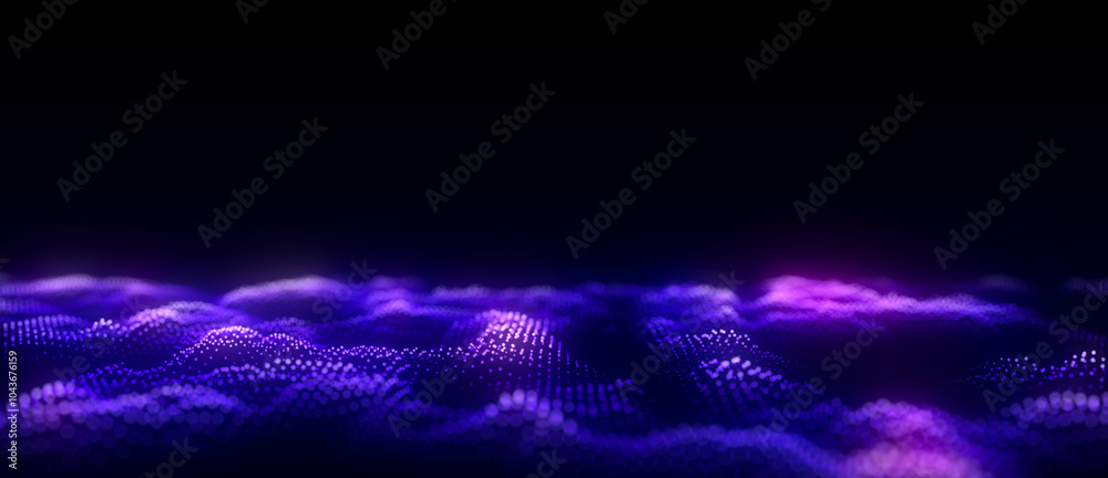 Poster Music color wave of particles and lines. Big data visualization. Abstract blue background with a dynamic wave. 3d rendering.