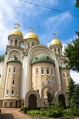 a beautiful Orthodox church. a stone temple. domes