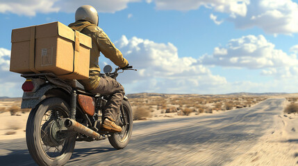 Obraz premium Delivering packages on motorbike through vast desert landscape