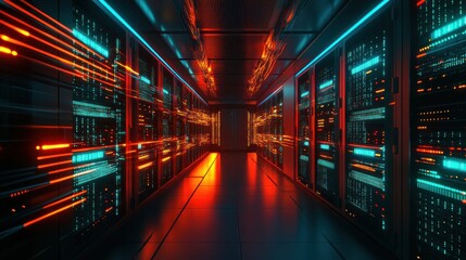 Fototapeta premium A futuristic server room with glowing lights and data servers.