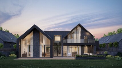 Obraz premium Modern Architectural Design: Luxurious Black and Glass Home at Dusk 
