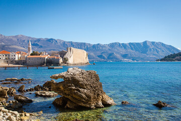 View of the Old Town  and big stone, Budva, Montenegro