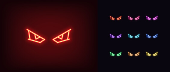Outline neon angry eyes icon set. Glowing neon angry gamer eyes, monster look. Grumpy player stare, evil cyborg gaze, demon sight, devil look, evil eyes, gamer anger, dragon gaze. Vector icons