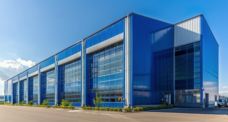Obraz premium Modern Blue Commercial Building With Large Windows and White Doors
