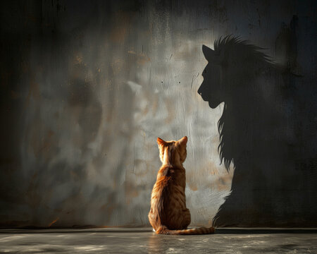 A small orange kitten sits facing a wall where its shadow is cast as a lion, symbolizing inner strength, courage, and the power of self-belief in a dreamlike, inspirational setting