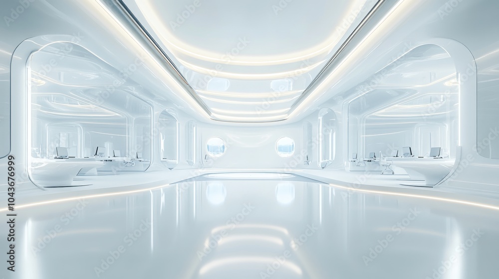 Poster A futuristic, minimalistic interior space with sleek lines and bright lighting.