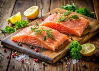 Fresh Salmon Fillets on Wooden Board with Herbs