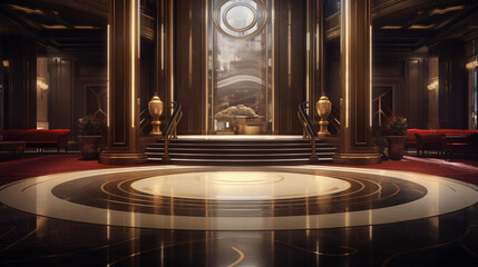 Grand Hotel Lobby with Elegant Staircase and Golden Details