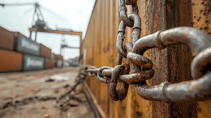 Shipping containers locked down by chains labeled Trade Quotas, trade restriction, economic limitations concept