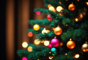 A beautifully blurred Christmas tree decorated with bright,glowing lights,creating a bokeh effect.