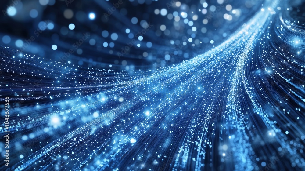 Poster Abstract blue glowing light background with dynamic data transfer and technology concept, showcasing digital information flow and fast internet connection. This 3D rendered illustration features parti