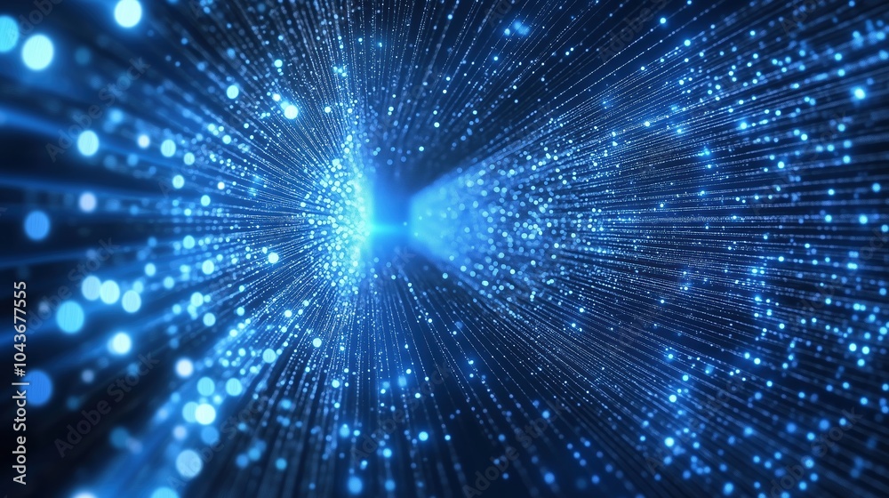 Poster Abstract blue glowing light background with dynamic data transfer and technology concept, showcasing digital information flow and fast internet connection. This 3D rendered illustration features parti