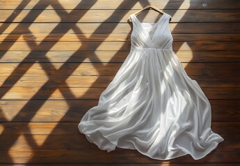 Obraz premium White dress on a wooden background, flat lay. High-resolution, photorealistic image.