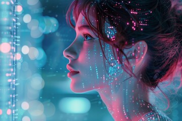 Woman Gazing Through Window With Neon Lights and Digital Patterns