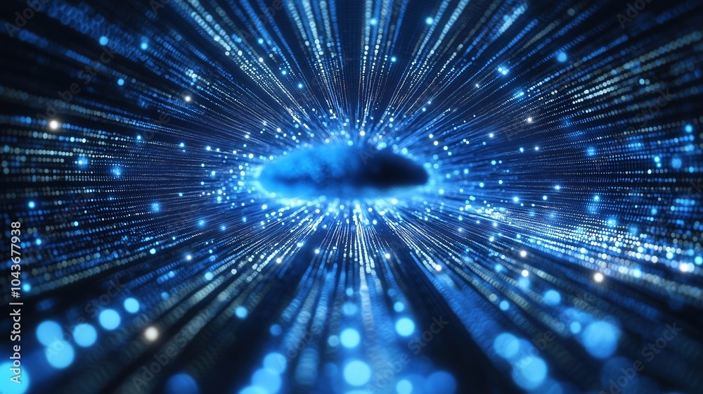 Poster Abstract blue glowing light background with dynamic data transfer and technology concept, showcasing digital information flow and fast internet connection. This 3D rendered illustration features parti