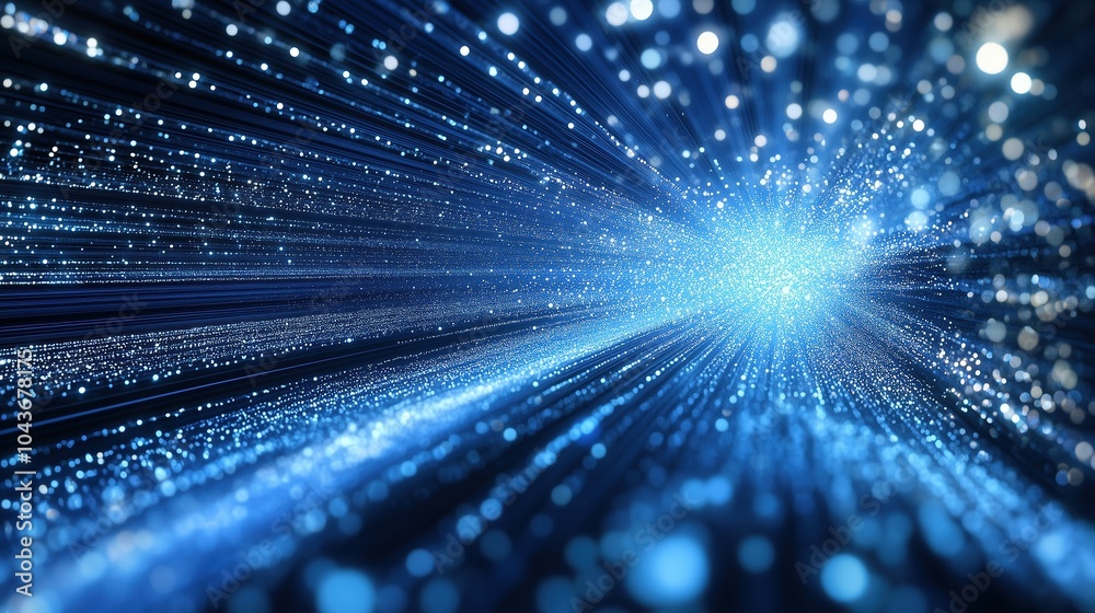 Poster Abstract blue glowing light background with dynamic data transfer and technology concept, showcasing digital information flow and fast internet connection. This 3D rendered illustration features parti
