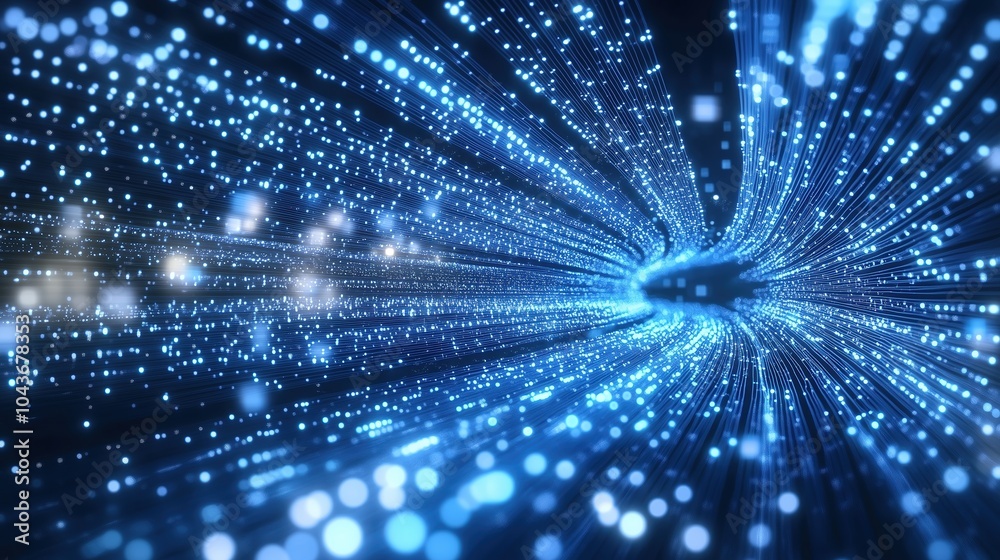 Poster Abstract blue glowing light background with dynamic data transfer and technology concept, showcasing digital information flow and fast internet connection. This 3D rendered illustration features parti