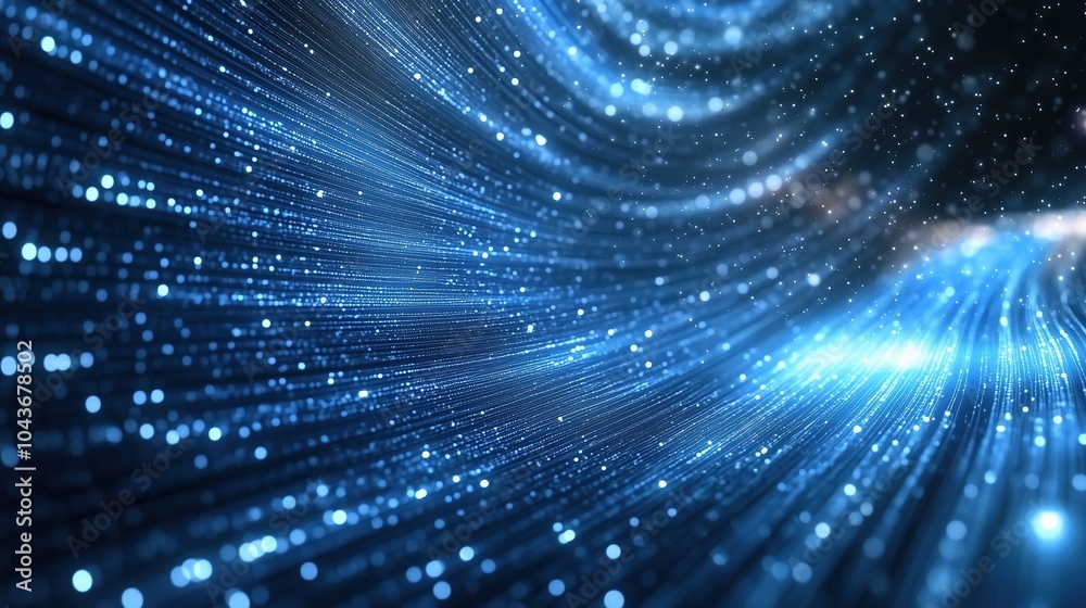 Poster Abstract blue glowing light background with dynamic data transfer and technology concept, showcasing digital information flow and fast internet connection. This 3D rendered illustration features parti