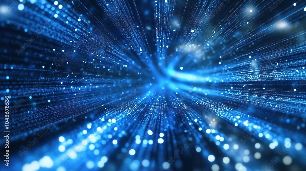 Poster Abstract blue glowing light background with dynamic data transfer and technology concept, showcasing digital information flow and fast internet connection. This 3D rendered illustration features parti