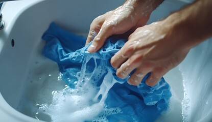 Close-up of hands washing a blue t-shirt in a white sink, with a focus on the hand and . A man doing laundry at home,