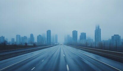 Fototapeta premium Empty highway with a city skyline of buildings covered in fog and rain. A gloomy, rainy day with empty roads after the thunderstorm.