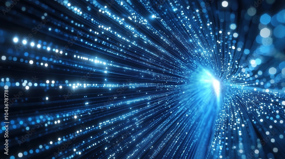 Poster Abstract blue glowing light background with dynamic data transfer and technology concept, showcasing digital information flow and fast internet connection. This 3D rendered illustration features parti