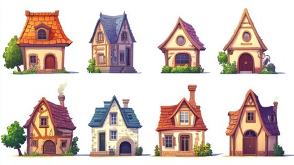Obraz premium An illustration for a cartoon or game. A set of houses on a white background